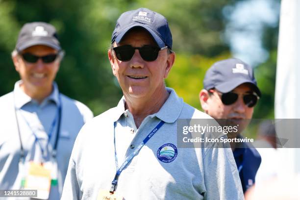 Connecticut Governor Ned Lamont is an honorary observer during the 3rd round of the Travelers Championship on June 25, 2022 at TPC River Highlands in...