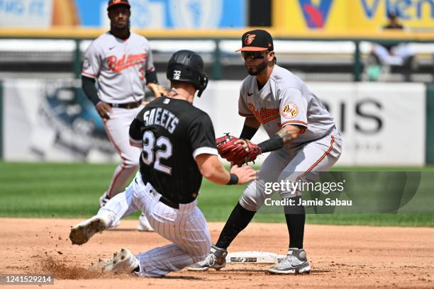 Jonathan Araúz of the Baltimore Orioles waits to tag out Gavin Sheets of the Chicago White Sox as Sheets attempt to steal second base in the second...