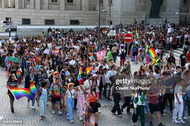 People attend the Marcha Do Orgulho LGBTI+ 2022 in Porto, Portugal on June 25, 2022.