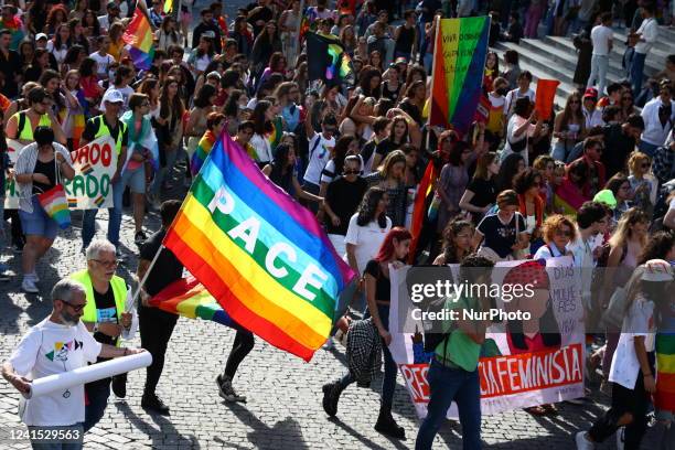 People attend the Marcha Do Orgulho LGBTI+ 2022 in Porto, Portugal on June 25, 2022.