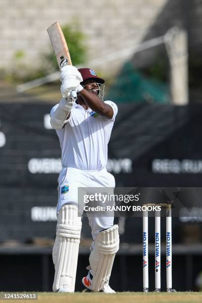 Kyle Mayers, of West Indies, hits 4 during the second day of the 2nd Test between Bangladesh and West Indies at Darren Sammy Cricket Ground in Gros...