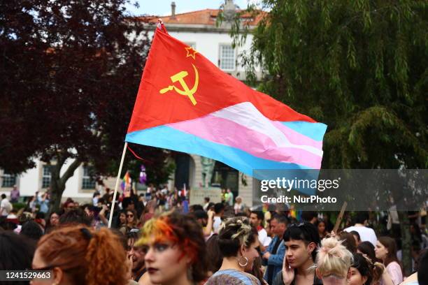 People attend the Marcha Do Orgulho LGBTI+ 2022 in Porto, Portugal on June 25, 2022.