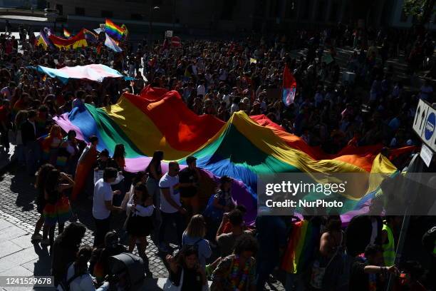 People attend the Marcha Do Orgulho LGBTI+ 2022 in Porto, Portugal on June 25, 2022.