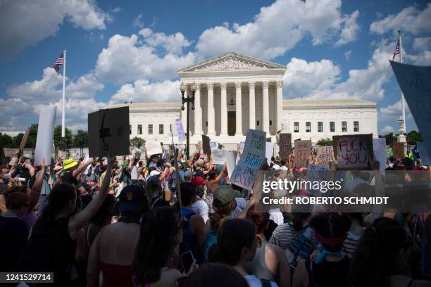 Abortion rights demonstrators rally in front of the US Supreme Court in Washington, DC, on June 25 a day after the Supreme Court released a decision...