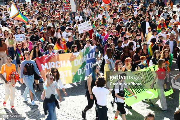 People attend the Marcha Do Orgulho LGBTI+ 2022 in Porto, Portugal on June 25, 2022.