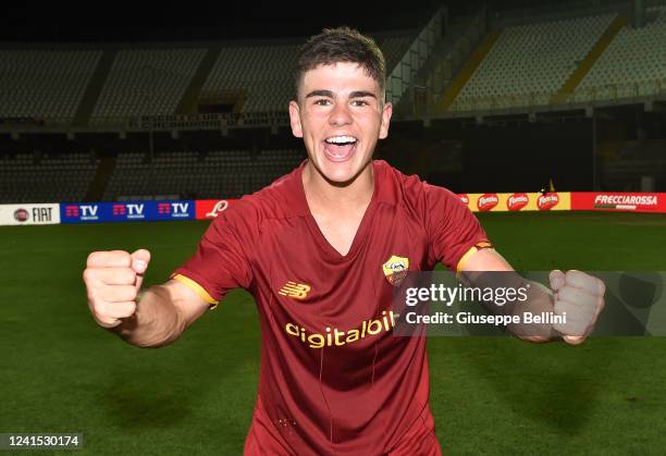 Manuel Nardozi of AS Roma celebrates the victory after the Serie A-B U16 Final match between AC Milan and AS Roma at Stadio Cino e Lillo Del Duca on...