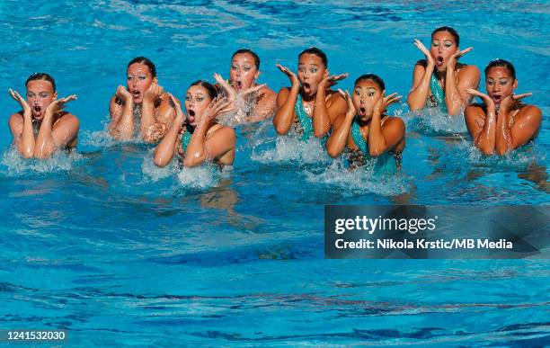 The team of USA compete in the Women Team Free FInal on day eight of the Budapest 2022 FINA World Championships at Alfred Hajos National Aquatics...