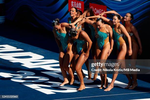 The team of USA compete in the Women Team Free FInal on day eight of the Budapest 2022 FINA World Championships at Alfred Hajos National Aquatics...