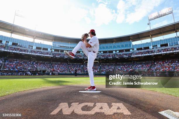 Jake Bennett of the Oklahoma Sooners practices pitching before taking on the Ole Miss Rebels during the Division I Men's Baseball Championship held...