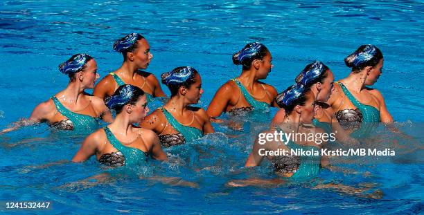 The team of USA compete in the Women Team Free FInal on day eight of the Budapest 2022 FINA World Championships at Alfred Hajos National Aquatics...