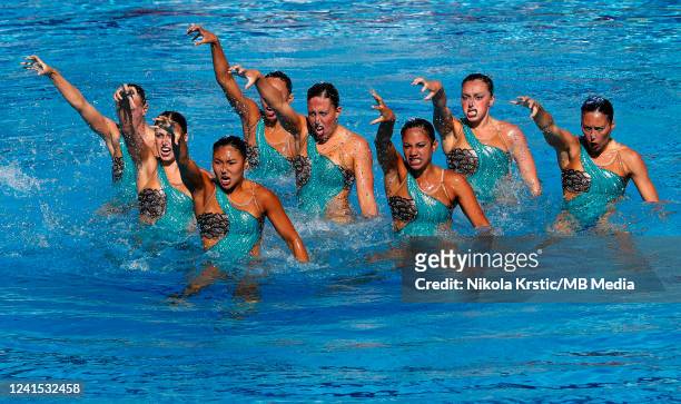 The team of USA compete in the Women Team Free FInal on day eight of the Budapest 2022 FINA World Championships at Alfred Hajos National Aquatics...