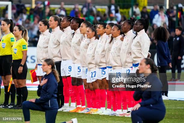Team of France during the national anthem during the Women's International Friendly match between France and Cameroon at Stade Pierre Brisson on June...