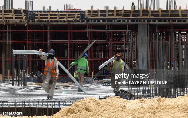 Foreign labourers work at a construction site amid scorching heat in the Saudi capital Riyadh, on June 16, 2022. Between June and August, the...