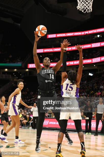 Jantel Lavender of the Seattle Storm shoots the ball during the game against the Los Angeles Sparks on June 25, 2022 at the Climate Pledge Arena in...