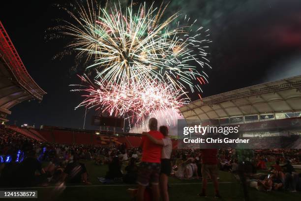 Fans watch fireworks after the game between Real Salt Lake and the Columbus Crew June 25, 2022 at the Rio Tinto Stadium in Sandy, Utah.