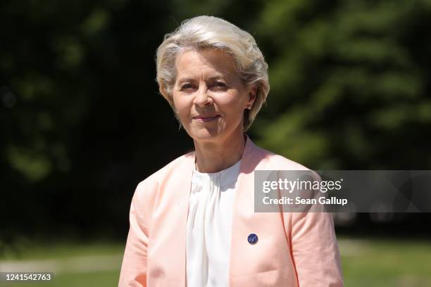 European Commission President Ursula von der Leyen walks to the first working session on the first day of the three-day G7 summit at Schloss Elmau on...