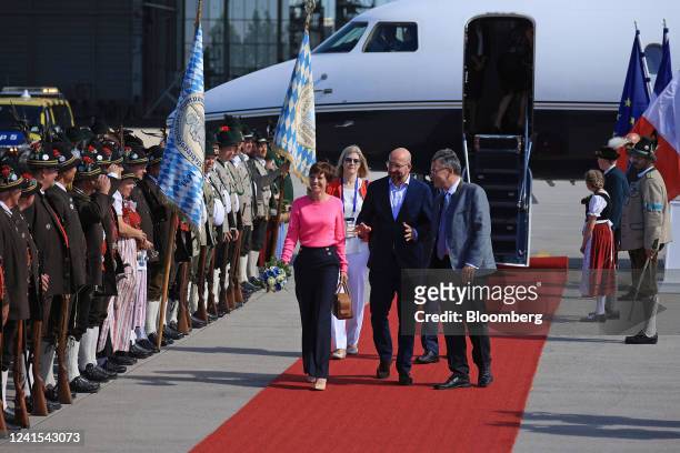 Charles Michel, president of the European Council, arrives at Munich Airport ahead of the Group of Seven leaders summit, greeted by Florian Herrmann,...