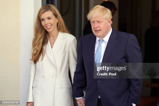 British Prime Minister Boris Johnson and wife Carrie Johnson arrive for the official welcome ceremony on the first day of the three-day G7 summit at...