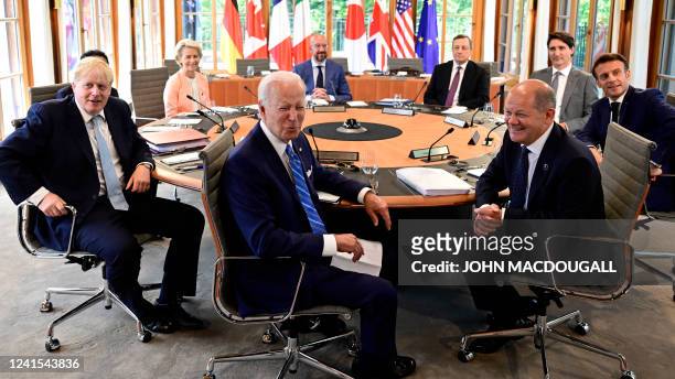 Germany's Chancellor Olaf Scholz, US President Joe Biden, Britain's Prime Minister Boris Johnson, European Commission President Ursula von der Leyen,...