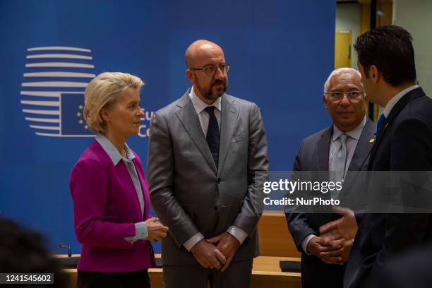 President of the European Council Charles Michel as seen welcoming and talking to the EU leaders Ursula von der Leyen President of the European...