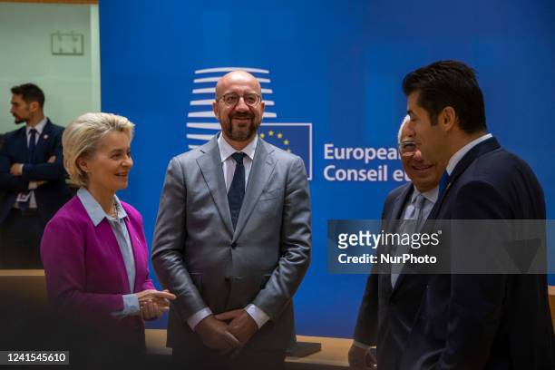 President of the European Council Charles Michel as seen welcoming and talking to the EU leaders Ursula von der Leyen President of the European...