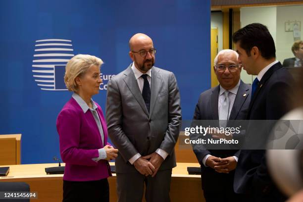 President of the European Council Charles Michel as seen welcoming and talking to the EU leaders Ursula von der Leyen President of the European...