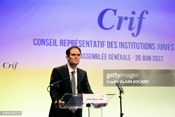 Newly-elected president of the Representative Council of Jewish Institutions in France Yonathan Arfi delivers a speech in Paris on June 26, 2022. The...