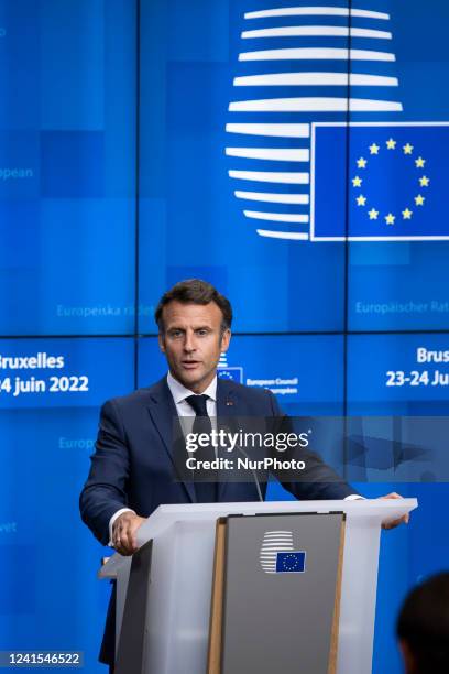 Emmanuel Macron President of the Republic of France talks to the media and answer questions of journalists at a joint press conference with Charles...