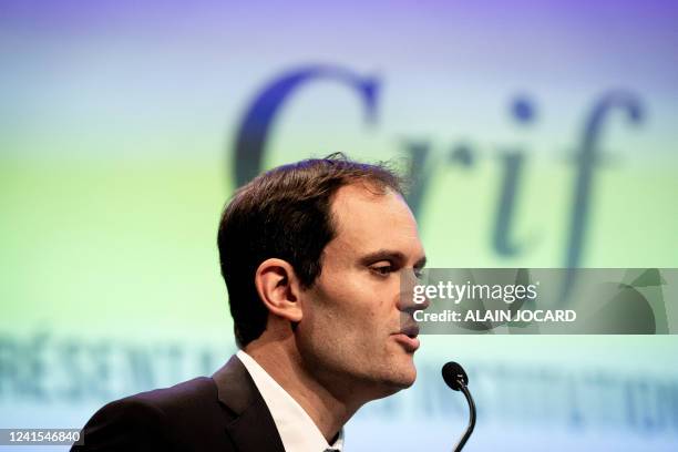 Newly-elected president of the Representative Council of Jewish Institutions in France Yonathan Arfi delivers a speech in Paris on June 26, 2022. The...