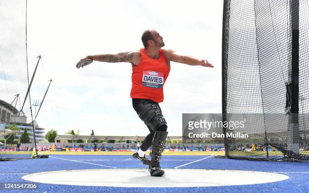 Aled Davies of Cardiff Athletics competes in the Mens Discus Throw during the Muller UK Athletics Championships at Manchester Regional Arena on June...