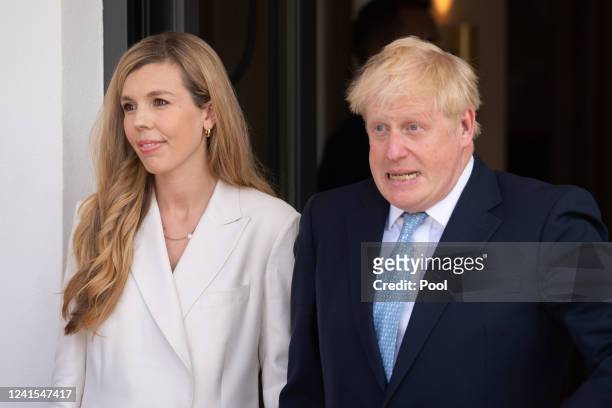 British Prime Minister Boris Johnson and wife Carrie Johnson arrive for the official welcome ceremony on the first day of the three-day G7 summit at...