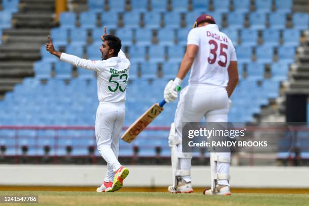 Mehidy Hasan Miraz , of Bangladesh, celebrates the dismissal of Joshua Da Silva , of West Indies, during the third day of the 2nd Test between...