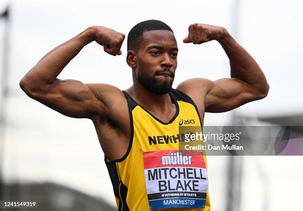 Nethaneel Mitchell Blake of Newhan & Essex Beagles AC reacts as he crosses the finish line to win the Mens 200m Final during the Muller UK Athletics...