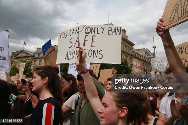 French and American women hold a Women's Rights rally in Place de La Republique on June 26, 2022 in Paris, France. On Friday, the United States...