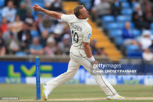 New Zealand's Neil Wagner bowls on day 4 of the third cricket Test match between England and New Zealand at Headingley Cricket Ground in Leeds,...