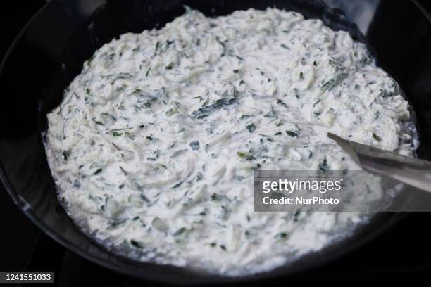 Tzatziki sauce is seen during a family picnic in Krakow, Poland on June 26, 2022.