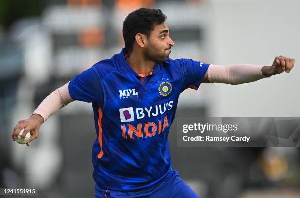 Dublin , Ireland - 26 June 2022; Bhuvneshwar Kumar of India during the LevelUp11 First Men's T20 International match between Ireland and India at...