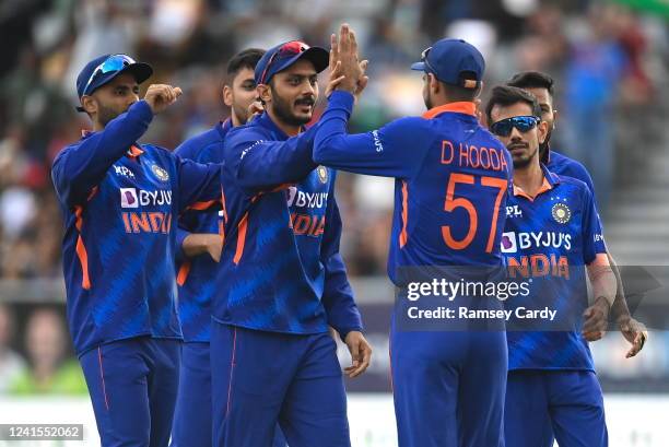 Dublin , Ireland - 26 June 2022; India players celebrate the wicket of Paul Stirling, taken by Deepak Hooda of India, during the LevelUp11 First...