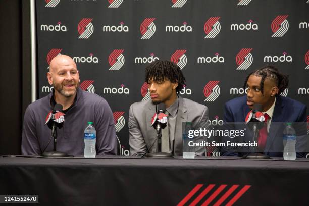 June 25: General Manager Joe Cronin of the Portland Trail Blazers introduces the draft picks Shaedon Sharpe and Jabari Walker at the team's practice...