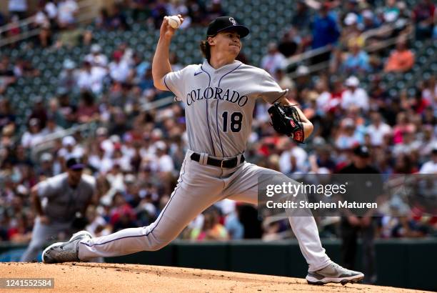 Ryan Feltner of the Colorado Rockies pitches in the first inning of the game against the Minnesota Twins at Target Field on June 26, 2022 in...