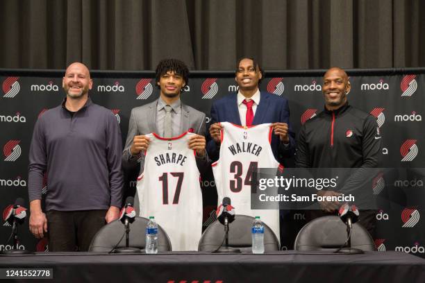 June 25: General Manager Joe Cronin of the Portland Trail Blazers and Head Coach Chauncey Billups of the Portland Trail Blazers pose for a photo with...