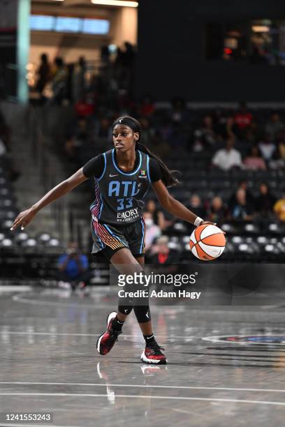Maya Caldwell of the Atlanta Dream moves the ball during the game against the Connecticut Sun on June 26, 2022 at Gateway Center Arena in College...