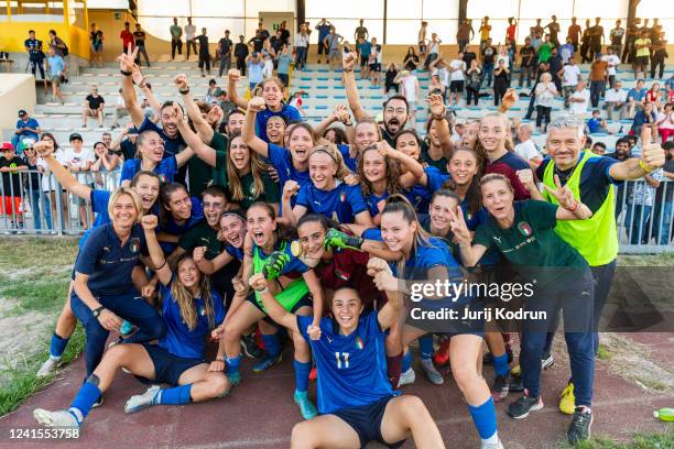 Team Italy celebrates victory after the Under 16 Female Football Tournament match between Italy Women U16 v Chile Women U16 on June 26, 2022 in...