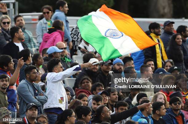 An India supporter waves a flag in the crowd during the Twenty20 International cricket match between Ireland and India at Malahide cricket club, in...