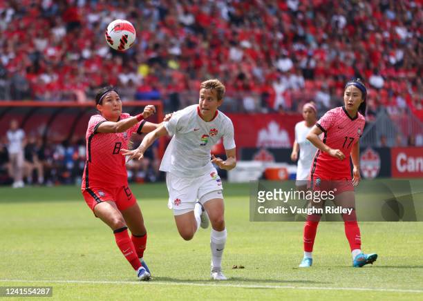 Quinn of Canada battles for the ball with Sohyun Cho of South Korea during a friendly match at BMO Field on June 26, 2022 in Toronto, Ontario, Canada.