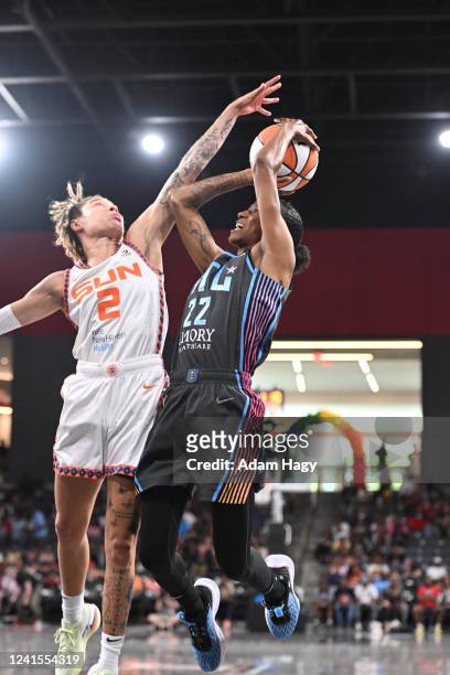 Yvonne Turner of the Atlanta Dream drives to the basket during the game against the Connecticut Sun on June 26, 2022 at Gateway Center Arena in...