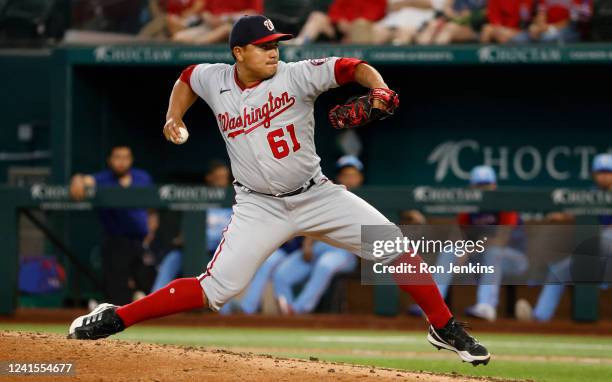 Erasmo Ramirez of the Washington Nationals pitches against the Texas Rangers during the seventh inning at Globe Life Field on June 26, 2022 in...