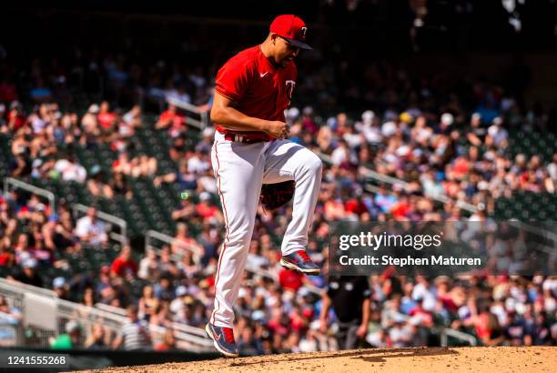 Jhoan Duran of the Minnesota Twins reacts after striking out C.J. Cron of the Colorado Rockies in the ninth inning of the game at Target Field on...