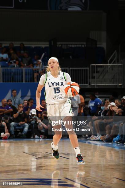 June 26: Rachel Banham of the Minnesota Lynx handles the ball during the game against the Chicago Sky on June 26, 2022 at the Wintrust Arena in...