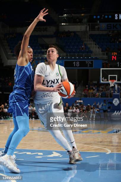 June 26: Jessica Shepard of the Minnesota Lynx drives to the basket during the game against the Chicago Sky on June 26, 2022 at the Wintrust Arena in...